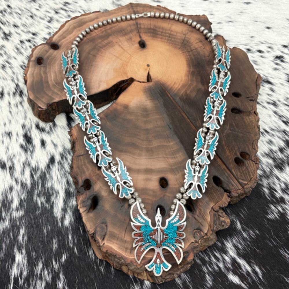 1970s NAVAJO Sterling Silver Turquoise & Coral Chip Inlay Peyote Bird Necklace